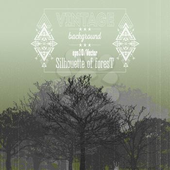 Vintage forest background with tribal style frame and place for text. Vector illustration.