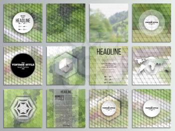 Set of 12 creative cards, square brochure template design. Nature landscape. Collection of abstract multicolored backgrounds. Natural geometrical patterns. Triangular and hexagonal style vector