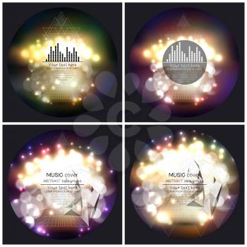 Set of 4 music album cover templates. Abstract multicolored backgrounds with bokeh lights and stars. Vector 3D pyramids, vector illustration.
