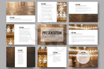 Set of 9 templates for presentation slides. City landscape. Abstract multicolored backgrounds. Geometrical patterns. Triangular and hexagonal style.