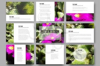 Set of 9 templates for presentation slides. Yellow flowers on the grass. Aabstract multicolored backgrounds. Natural geometrical patterns. Triangular and hexagonal style vector.
