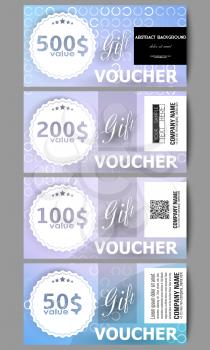 Set of modern gift voucher templates. Abstract white circles on light blue background, vector illustration.