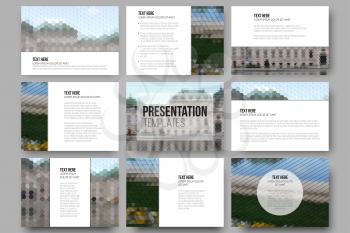Set of 9 templates for presentation slides. Park landscape. Abstract multicolored backgrounds. Natural geometrical patterns. Triangular and hexagonal style.
