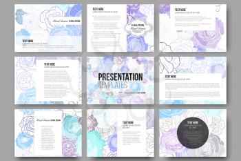 Set of 9 vector templates for presentation slides. Hand drawn floral doodle pattern, abstract vector background.