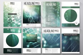 Set of business templates for brochure, flyer or booklet. DNA molecule structure on dark green background. Science vector background.