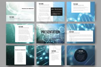 Set of 9 vector templates for presentation slides. DNA molecule structure on dark blue background. Science vector background.