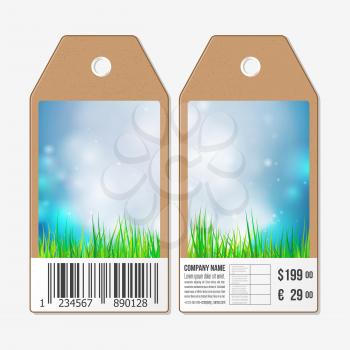 Vector tags design on both sides, cardboard sale labels with barcode. Spring background with blue sky and green grass.