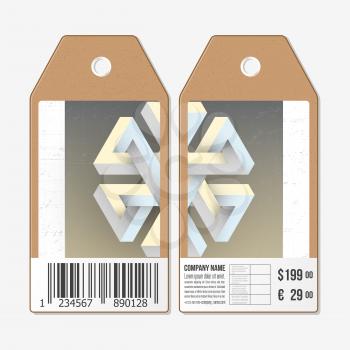 Vector tags design on both sides, cardboard sale labels with barcode. Unreal impossible geometric figure, abstract pattern.
