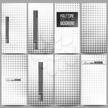 Set of modern vector flyers. Halftone vector background. Abstract halftone effect with black dots on white background.