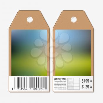 Vector tags design on both sides, cardboard sale labels with barcode. Blurred background. Abstract vector illustration.