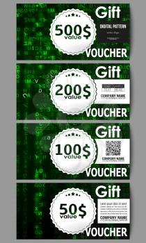 Set of modern gift voucher templates. Virtual reality, abstract technology background with green symbols, vector illustration.