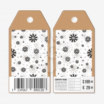 Vector tags design on both sides, cardboard sale labels with barcode. Abstract flowers pattern. Simple black monochrome vector texture.