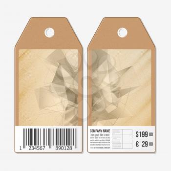 Vector tags design on both sides, cardboard sale labels with barcode. Wooden design, polygonal background, abstract vector illustration.