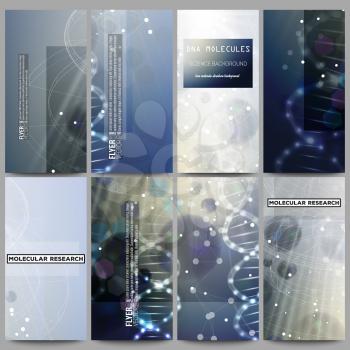 Set of modern vector flyers. DNA molecule structure on dark blue background. Science vector background.