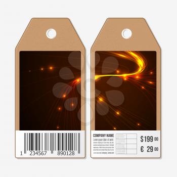 Vector tags design on both sides, cardboard sale labels with barcode. Abstract lines background, dynamic glowing decoration, motion design, energy style vector illustration.