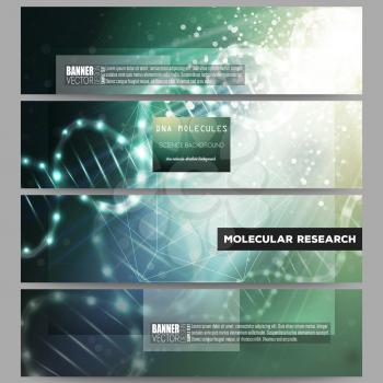 Set of modern vector banners. DNA molecule structure on dark green background. Science vector background.