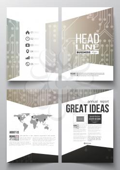 Set of business templates for brochure, magazine, flyer, booklet or annual report. Microchip background, electrical circuits, science design vector template. 