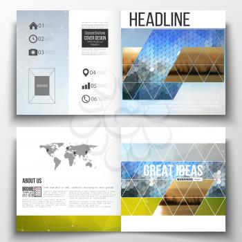 Vector set of square design brochure template. Abstract colorful polygonal background with blurred image on it, modern stylish triangular and hexagonal vector texture. 