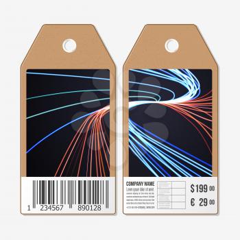 Vector tags design on both sides, cardboard sale labels with barcode. Abstract lines background, motion design vector illustration.