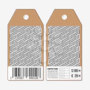 Vector tags design on both sides, cardboard sale labels with barcode. Recurring cubes on background. Geometric pattern. Simple abstract monochrome texture.