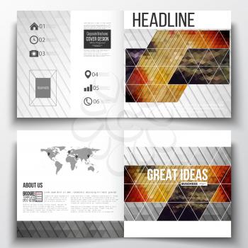 Vector set of tri-fold brochures, square design templates with element of world map. Abstract colorful polygonal background, modern stylish triangle vector texture.