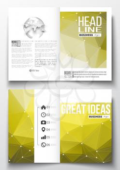 Set of business templates for brochure, magazine, flyer, booklet or annual report. Molecular construction with connected lines and dots, scientific pattern on abstract yellow polygonal background, mod