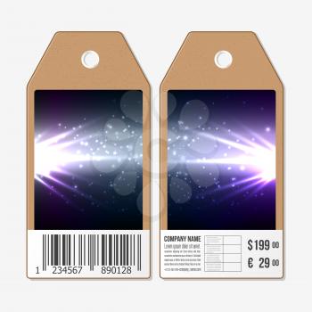 Vector tags design on both sides, cardboard sale labels with barcode. Abstract flash background, dark design vector illustration.