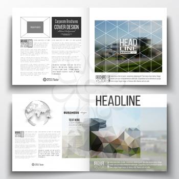 Vector set of square design brochure template. Colorful polygonal background, blurred image, airport landscape, modern stylish triangular vector texture.