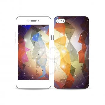 Mobile smartphone with an example of the screen and cover design isolated on white background. Molecular construction with connected lines and dots, scientific pattern on colorful polygonal background