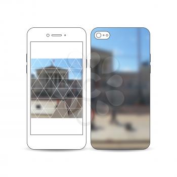 Mobile smartphone with an example of the screen and cover design isolated on white background. Polygonal background, blurred image, urban landscape, modern stylish triangular vector texture.