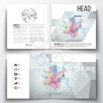 Set of annual report business templates for brochure, magazine, flyer or booklet. Molecular construction with connected lines and dots, scientific pattern on abstract colorful polygonal background