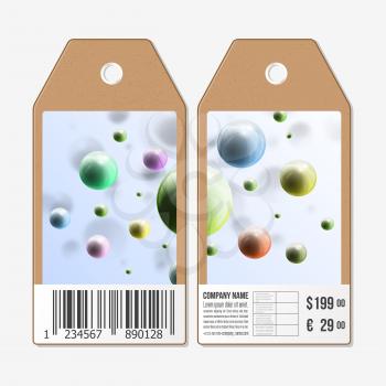 Vector tags design on both sides, cardboard sale labels with barcode. Three dimensional glowing spheres, gray background.