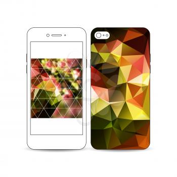 Mobile smartphone with an example of the screen and cover design isolated on white background. Polygonal floral background, blurred image, blue flowers on green, triangular texture.