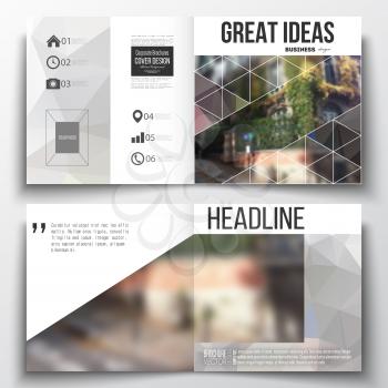 Set of annual report business templates for brochure, magazine, flyer or booklet. Polygonal background, blurred image, urban landscape, street in Montmartre, Paris cityscape, triangular vector texture