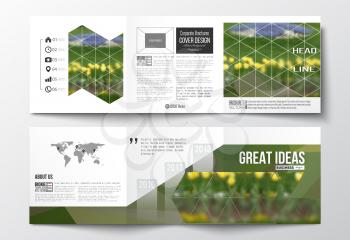 Vector set of tri-fold brochures, square design templates with element of world map. Colorful polygonal floral background, blurred image, yellow flowers on green, modern triangular texture