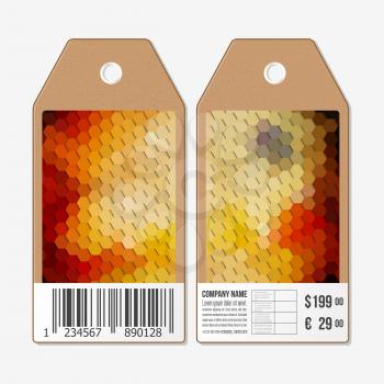 Vector tags design on both sides, cardboard sale labels with barcode. Polygonal design vector, geometric hexagonal backgrounds.