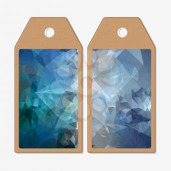 Vector tags design on both sides, cardboard sale labels. Abstract blue polygonal background, colorful backdrop, modern stylish vector texture.