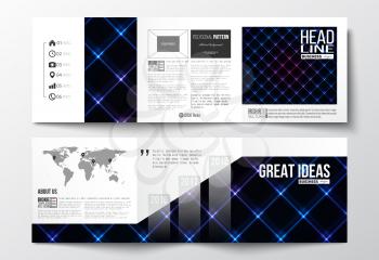 Vector set of tri-fold brochures, square design templates with element of world map. Abstract polygonal background, modern stylish sguare vector texture.