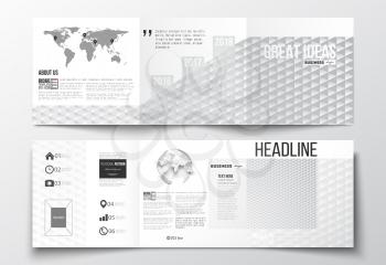 Vector set of tri-fold brochures, square design templates with element of world map and globe. Abstract colorful polygonal background, modern stylish triangle vector texture.