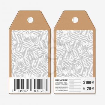 Vector tags design on both sides, cardboard sale labels with barcode. Geometric pattern with strokes. Simple abstract monochrome vector texture.