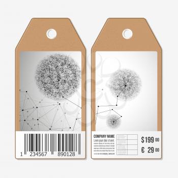 Vector tags design on both sides, cardboard sale labels with barcode. Molecule structure, connection vector, science polygonal background.