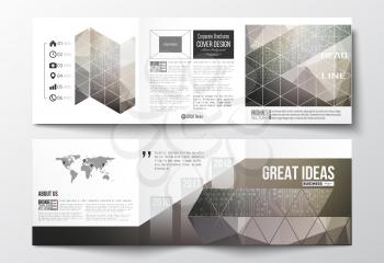 Vector set of tri-fold brochures, square design templates with element of world map. Microchip background, electrical circuits, science design vector template. 