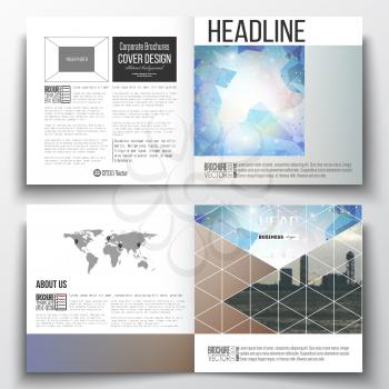 Set of annual report business templates for brochure, magazine, flyer or booklet. Abstract colorful polygonal backdrop with blurred image, modern stylish triangular vector texture.