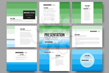 Set of 9 vector templates for presentation slides. Abstract colorful business background, blue and green colors, modern stylish striped vector texture for your cover design.