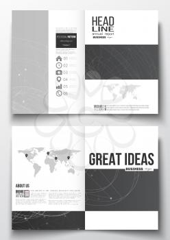 Set of business templates for brochure, magazine, flyer, booklet or annual report. Molecular construction with connected lines and dots, scientific or digital design pattern on black background.