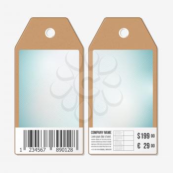 Vector tags design on both sides, cardboard sale labels with barcode. Lines vector background.