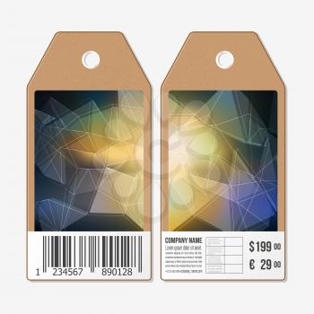 Vector tags design on both sides, cardboard sale labels with barcode. Polygonal design, geometric triangular background.