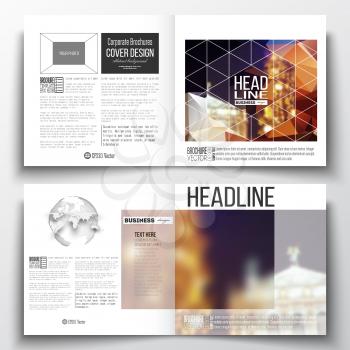 Set of annual report business templates for brochure, magazine, flyer or booklet. Colorful polygonal background, blurred image, night city landscape, festive cityscape, triangular vector texture.