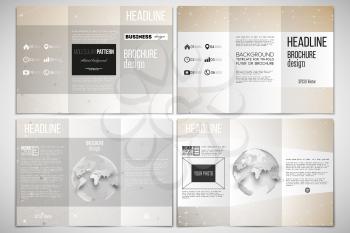 Vector set of tri-fold brochure design template on both sides with world globe element. Abstract polygonal low poly backdrop with connecting dots and lines, connection structure.