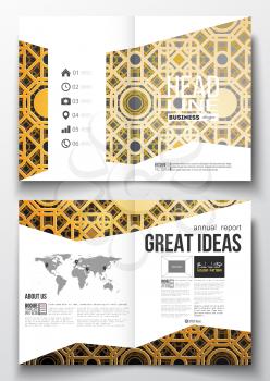 Set of business templates for brochure, magazine, flyer, booklet or annual report. Islamic golden vector texture, geometric pattern, abstract ornament with arabic calligraphy which means -Eid al Fitr-